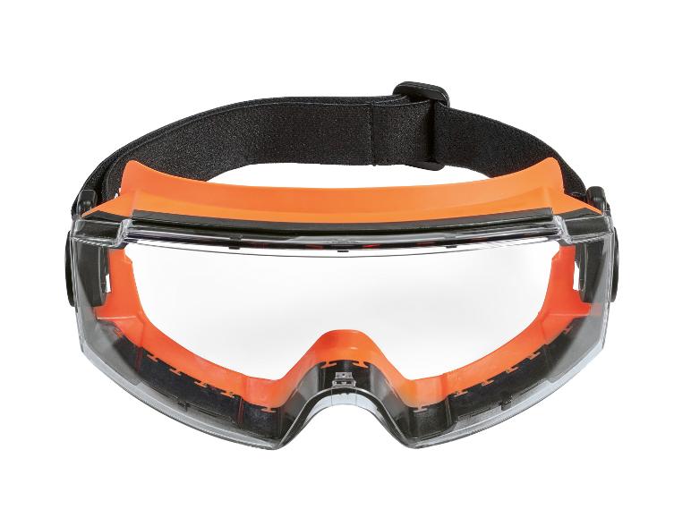 Veiligheidsbril met oranje montuur en zwarte elastische band.