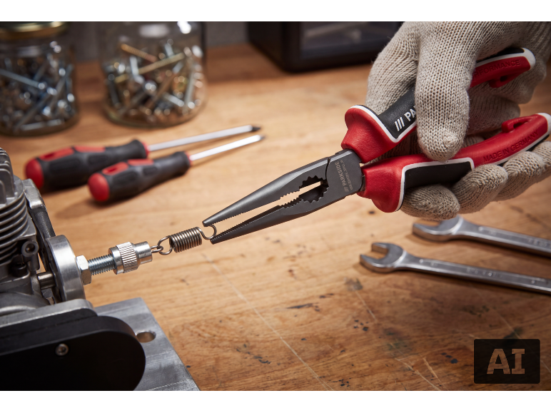 Hand met handschoen houdt een lange tang vast die een veer aan een motor bevestigt.