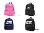 VANS rugzakken in roze, zwart en marineblauw, met 'OFF THE WALL' en 'VANS' logo's.