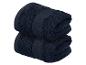 Twee gevouwen donkerblauwe handdoeken op een witte achtergrond.