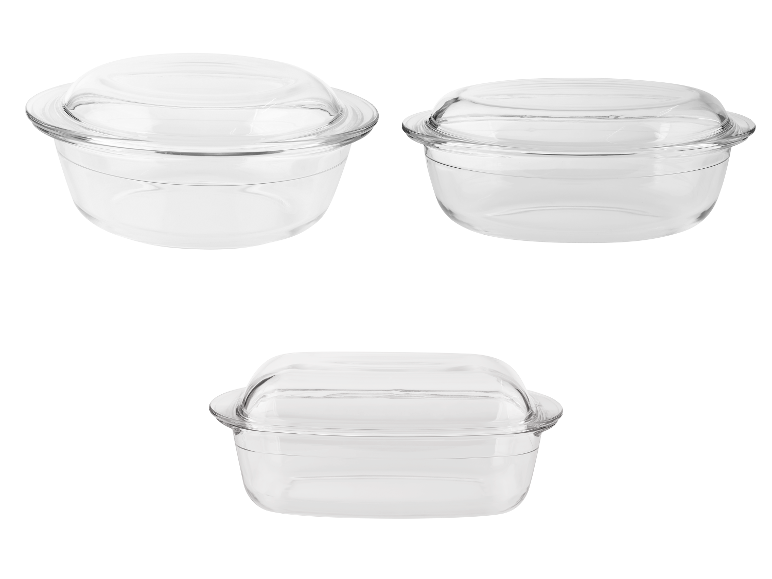 Drie transparante glazen bakjes met deksels.