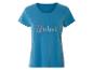 Blauw dames T-shirt met het opschrift "Weekend" in pastelkleuren.