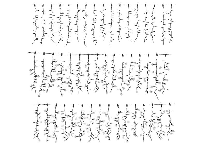 Drie snoeren kerstverlichting, met eenvoudige lampjes, sterren en sneeuwvlokken.