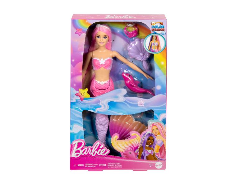 Zeemeerminnenpop met roze haar en staart, kleurveranderende functie en zee-thema accessoires.