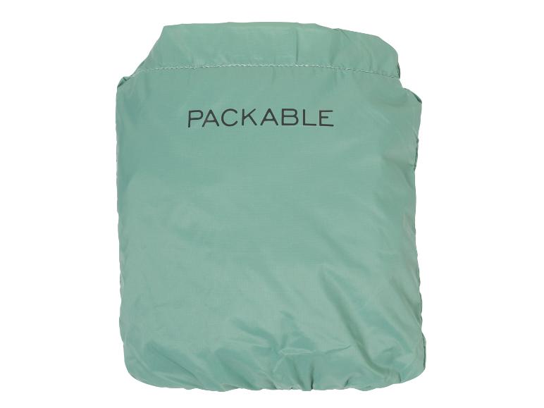 Een lichtgroene, opvouwbare tas met het opschrift 'Packable'.