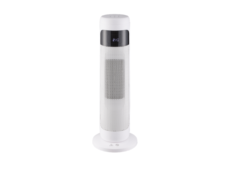 Witte torenverwarming met digitaal display dat 21°C aangeeft.