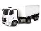 Wit speelgoedmodel van een Mercedes Arocs vrachtwagen met een witte aanhanger.