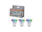 Drie slimme, veelkleurige GU10 LED-spots in verpakking, 4.7W, 350lm.