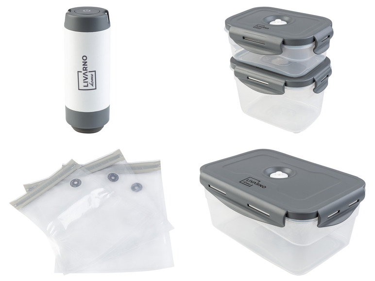Een vacuümverpakker met twee bewaarbakken en zakken van Livarno Home.