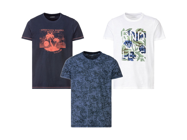 Drie T-shirts met tropische prints, waaronder een met de tekst 'Sunsetview Bahamas Beach Club'.