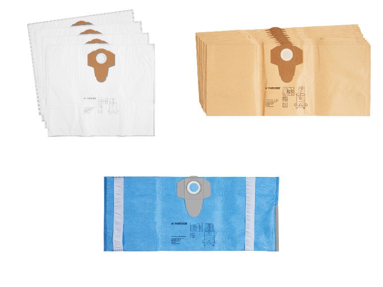 Drie soorten stofzuigerzakken: witte synthetische, bruine papieren en blauwe synthetische.