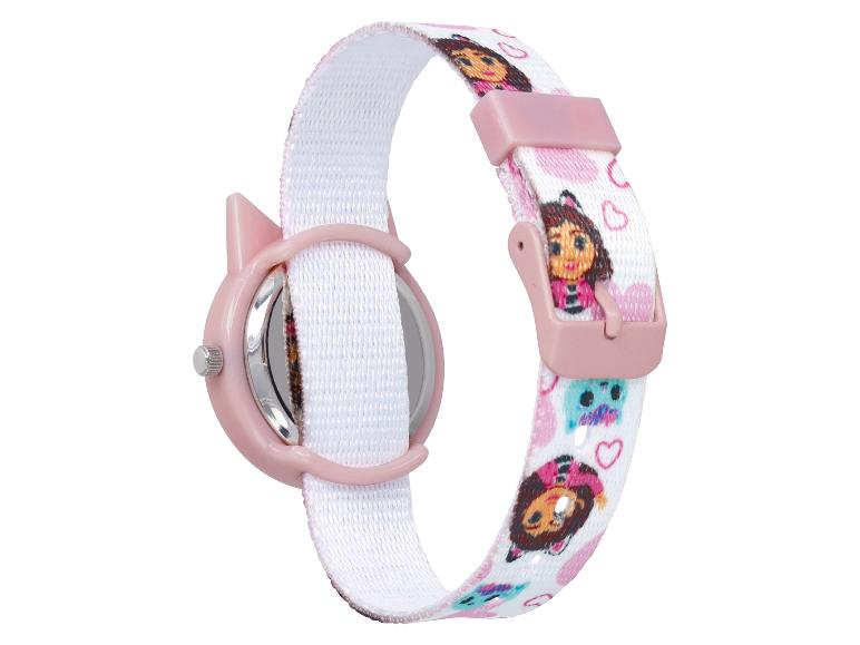 Kinderhorloge met een witte band met cartoonprint en een roze kast.