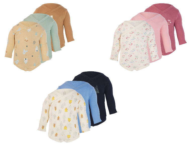 Set van 3 rompertjes met lange mouwen voor baby's, met diverse prints en kleuren.