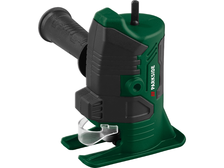 Groene en zwarte elektrische zaag met handvat en transparante beschermkap.