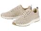 Paar lichtbeige gebreide sportschoenen met witte zolen en bruine accenten