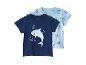 Blauwe baby T-shirts met haaien- en vissenprint.