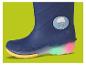 Donkerblauwe kinderregenlaars met lichtgevende zool en 'Happy Day' wolk-badge.