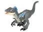 Een grijs velociraptor speelgoed met blauwe details.