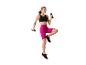 Vrouw sport met Crivit dumbbells en roze sportkleding.