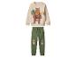 Kinderkledingset: Beige sweater met beerprint en groene joggingbroek.