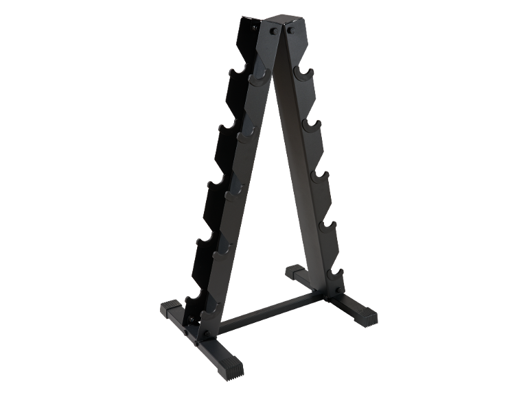 Zwart A-frame halterrek met vijf niveaus aan elke kant.