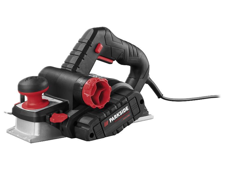 Elektrische schaafmachine met zwarte behuizing en rode accenten, voor houtbewerking.