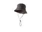 Donkergrijze bucket hat met verstelbare kinband.
