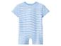 Blauw-wit gestreepte baby romper met korte mouwen, achterkant.