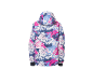Dames ski-jas met abstract roze, blauw en wit patroon, achteraanzicht.