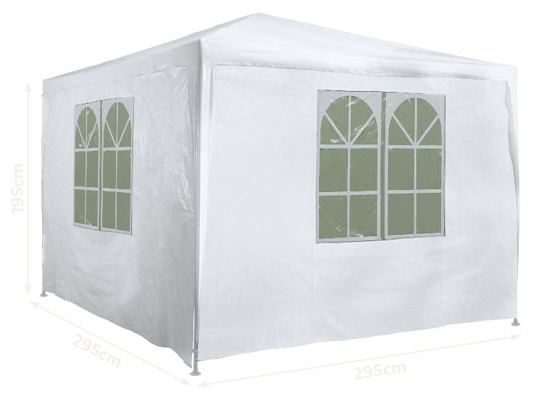 Witte partytent met ramen, afmetingen 295x295x195 cm.