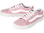 Roze canvas sneakers met witte veters en zijstrepen.