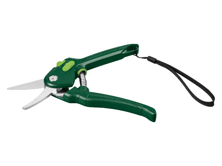 Een groene snoeischaar met een zwart koord.