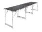 Lange opvouwbare campingtafel met zwart blad en aluminium poten.