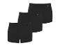 Verpakking van drie zwarte herenboxershorts met elastische taillebanden en stikseldetails.