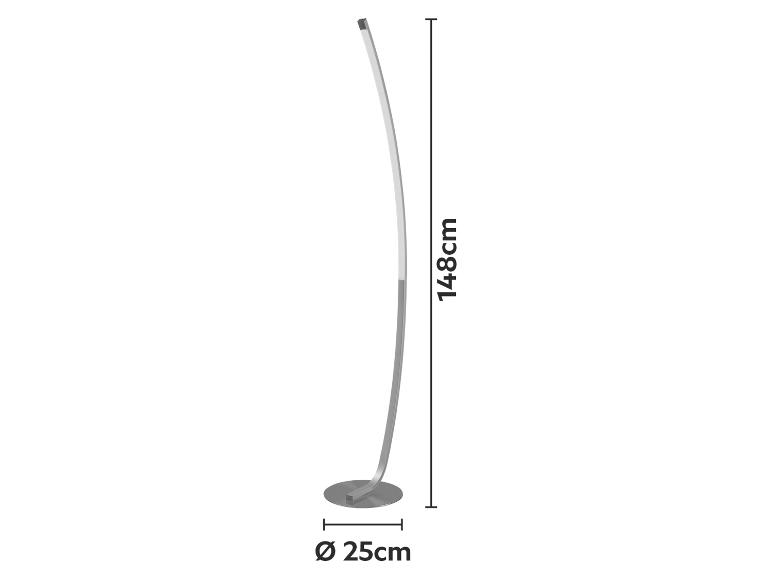 Gebogen LED vloerlamp, 148 cm hoog, met een voet van 25 cm diameter.