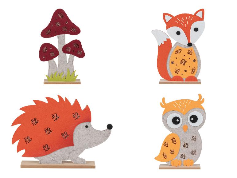 Leuke viltfiguren met herfstthema: paddenstoelen, vos, egel en uil.