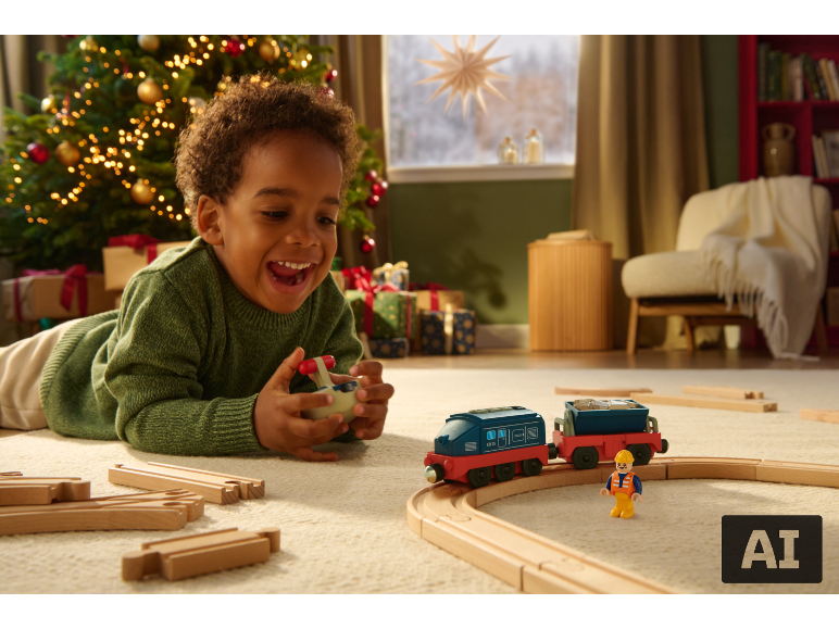 Kind speelt met een houten trein bij een kerstboom.