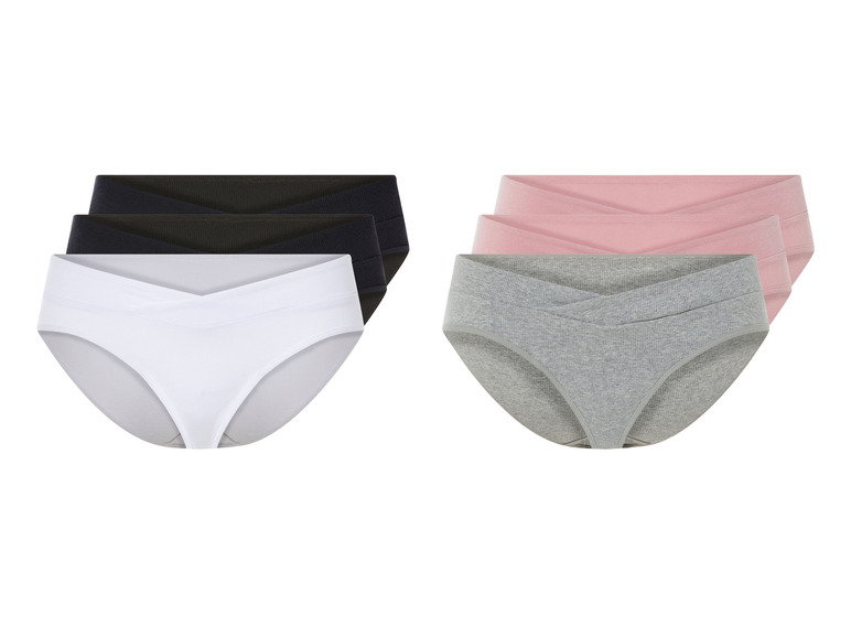 Een set van zes onderbroeken in zwart, wit, grijs en roze.
