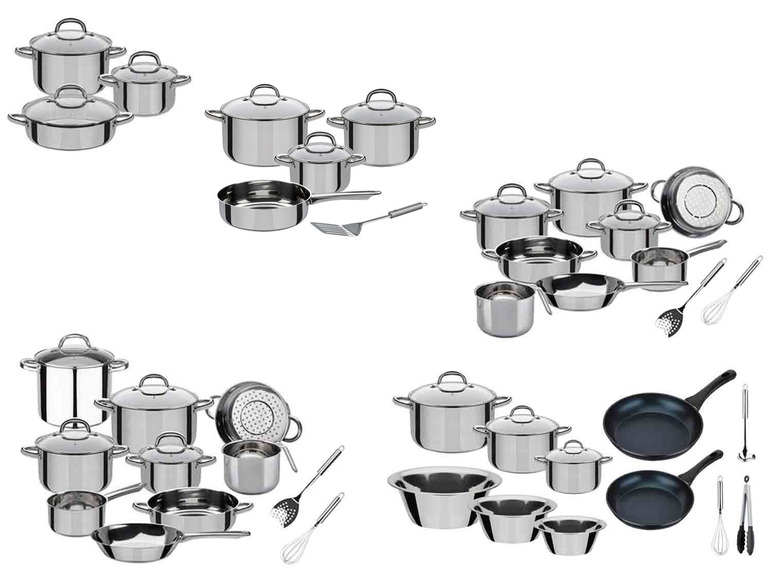 Een assortiment kookpannen en braadpannen, inclusief accessoires.