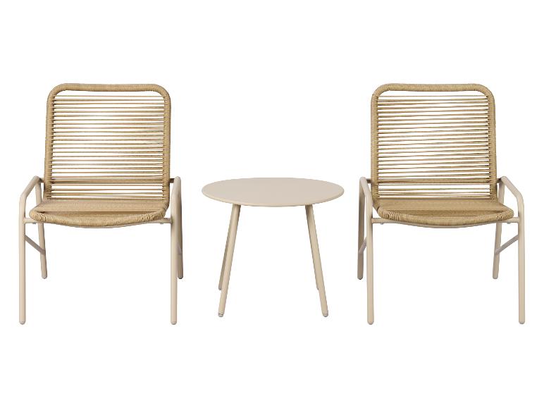 Tuinmeubelset: twee beige stoelen en een ronde tafel.