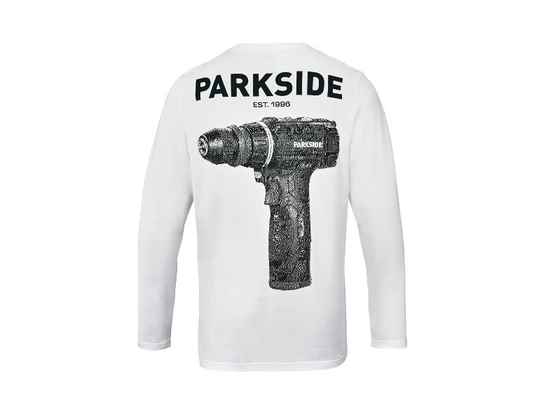 Wit herenshirt met lange mouwen en boormachineprint op de rug