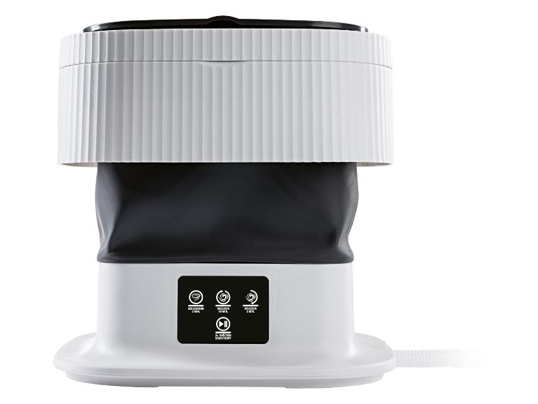 Draagbare wasmachine met centrifugeer-, 5-minuten en 10-minuten wasprogramma's.
