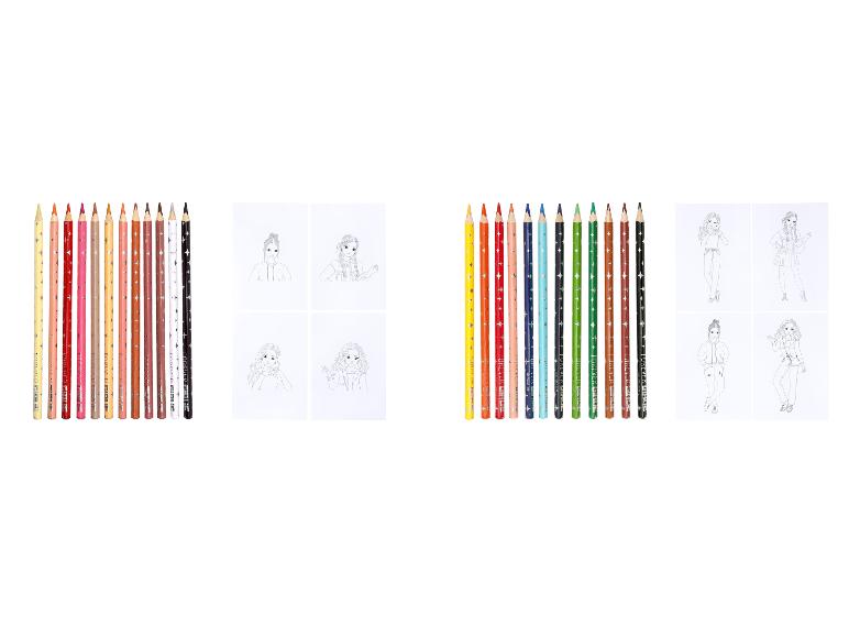 Twee sets kleurpotloden met sterpatronen en modetekensjablonen.