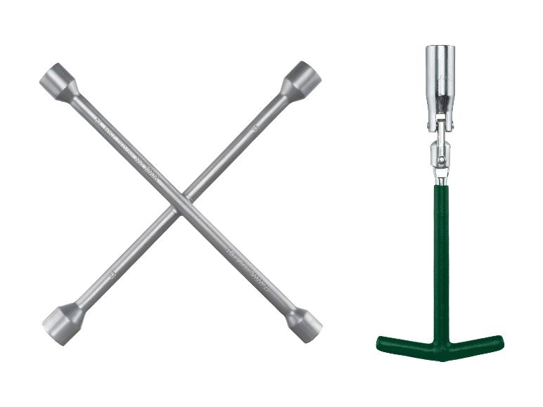 Kruissleutel voor wielen en bougiesleutel met T-handvat.