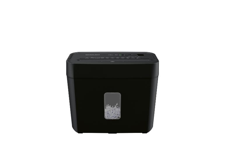 Een zwarte papierversnipperaar van Silvercrest met een zichtbaar venster.