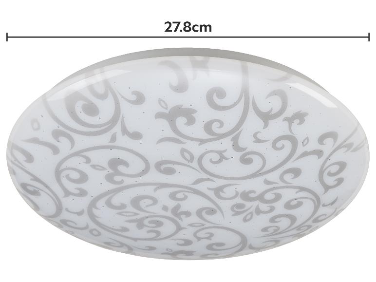Ronde plafondlamp met een decoratief grijs krulpatroon, afmeting 27,8 cm.