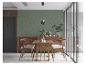 Moderne eetkamer met houten tafel, stoelen en een groene accentmuur met patroon.