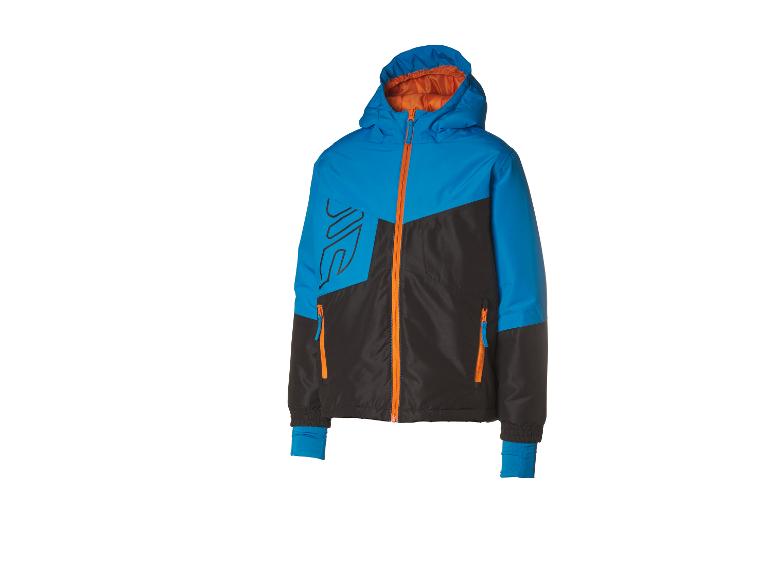 Een blauwe en zwarte ski-jas voor kinderen met capuchon en JBC logo.
