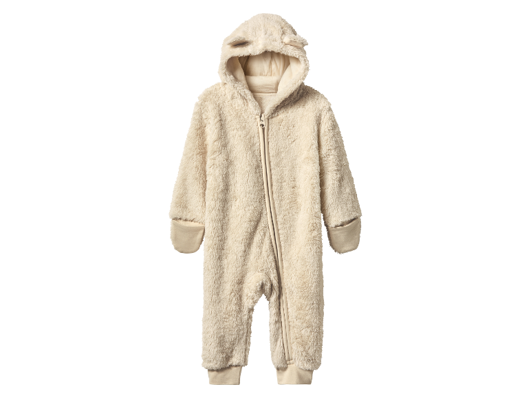Een beige, fluffy baby jumpsuit met capuchon van Gap.