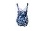Dames badpak met blauw en wit abstract patroon, achteraanzicht